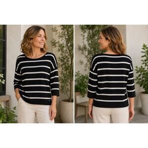 Calvin Klein Women’s Large Black Cream Striped Sweater 3/4 Sleeve Knit Pullover
